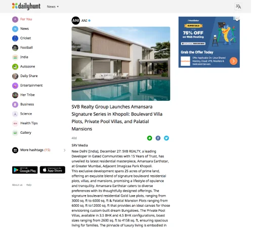 SVB Realty, dailyhunt, Media and News showcase effective website promotion for real estate business in Pune and Mumbai, India